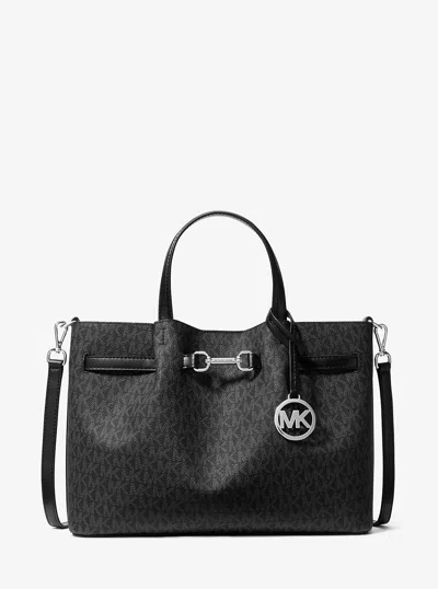 Michael Kors Outlet Carson Medium Signature Logo Satchel In Black