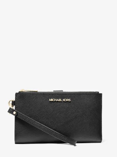 Michael Kors Outlet Jet Set Large Leather Smartphone Wristlet Wallet In Black