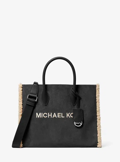 Michael Kors Outlet Mirella Medium Suede And Faux Shearling Tote Bag In Black