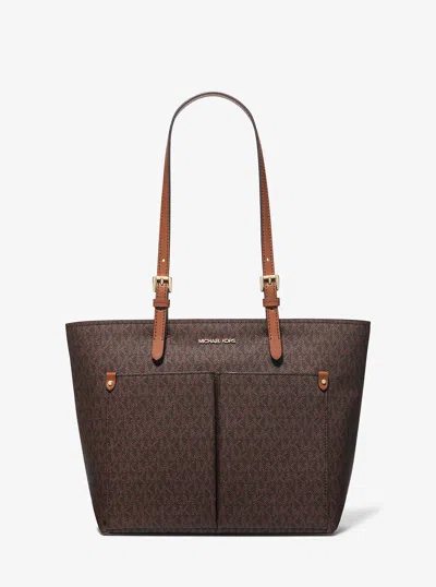 Michael Kors Outlet Jet Set Medium Logo Pocket Tote Bag In Brown