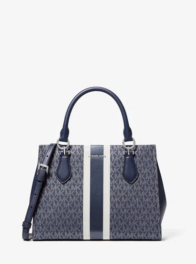 Michael Kors Outlet Marilyn Medium Signature Logo Stripe Satchel In Blue