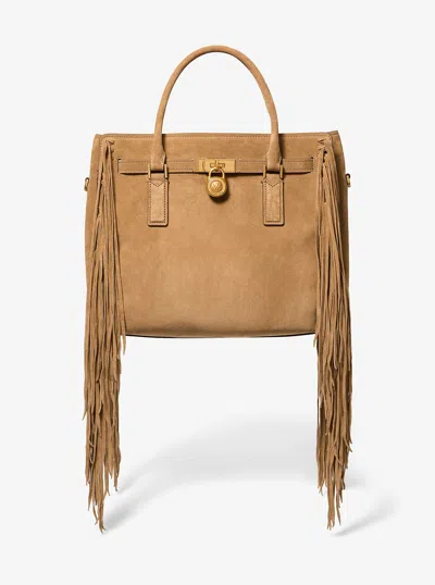 Michael Kors Hamilton Moderne Large Fringed Suede Satchel In Brown