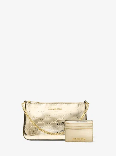 Michael Kors Outlet Jet Set Medium Metallic Logo Debossed Pochette And Card Case Gift Set In Gold