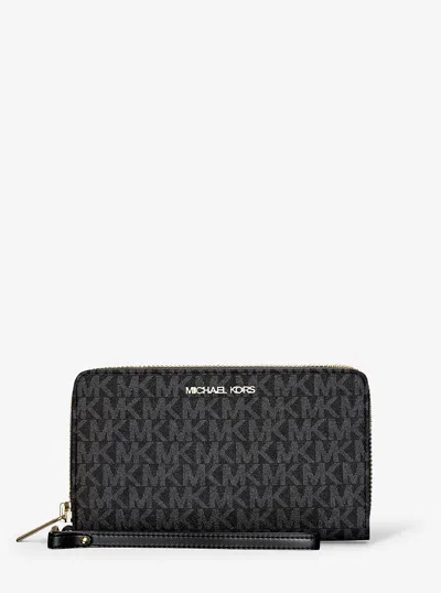 Michael Kors Outlet Jet Set Large Signature Logo Smartphone Wallet In Black