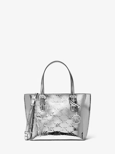 Michael Kors Outlet Jet Set Extra-small Patent Logo Debossed Convertible Tote Bag In Silver