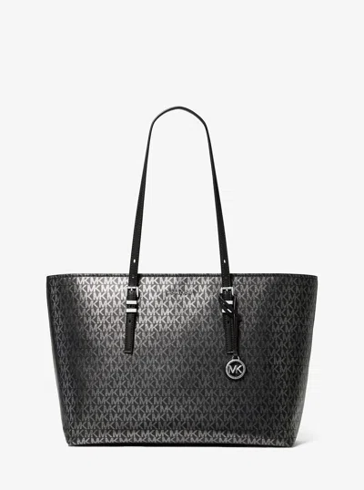 Michael Kors Quinn Large Metallic Signature Logo Tote Bag In Black