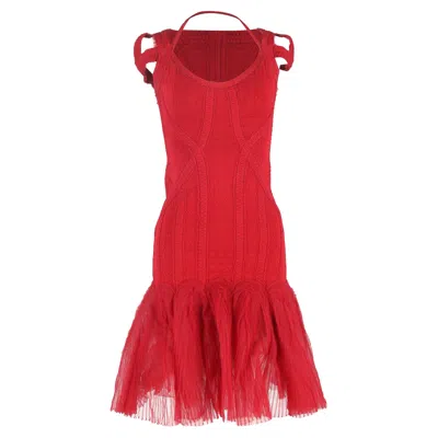 Herve Leger Knitted Tulle Bandage Midi Dress In Red Viscose In Red