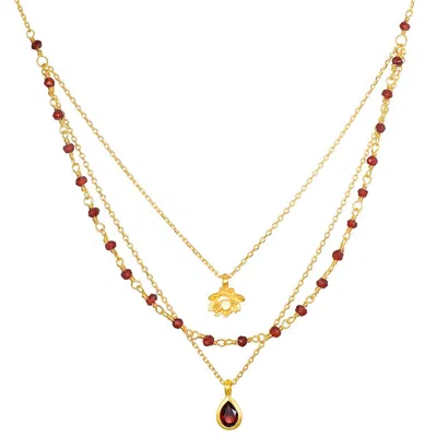 Satya Jewelry Embrace Change Garnet Lotus Triple Necklace In Gold