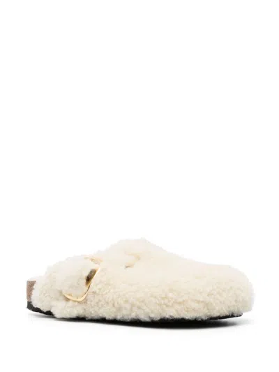 Birkenstock Womens Eggshell Shearling Boston Buckle-embellished Clogs In White