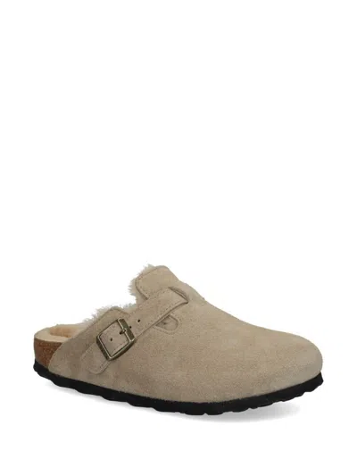 Birkenstock Boston Shearling Suede Slippers In Gray