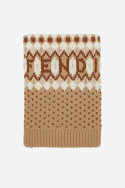 Fendi Scarf Brown Jacquard Wool Scarf In Gold