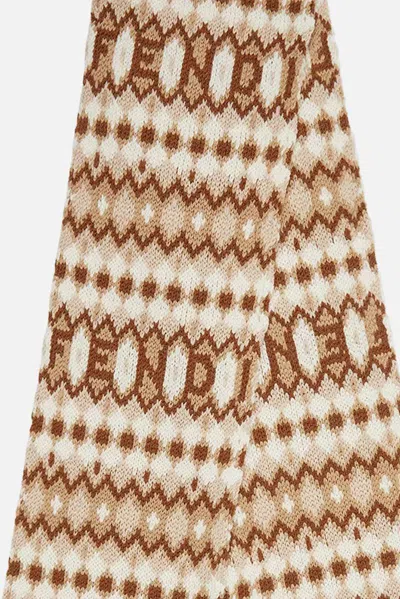 Fendi Scarf Brown Jacquard Wool Scarf In Gold