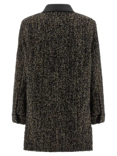 Max Mara Herringbone Pattern Wool Jacket With Leather Collar In Black