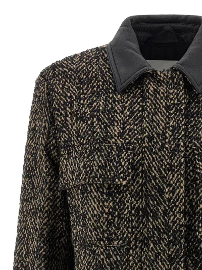 Max Mara Herringbone Pattern Wool Jacket With Leather Collar In Black