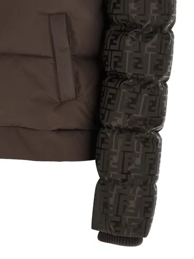 Fendi Women Brown Down Jacket With Drawstring Hood And Ff Motif In Tech Fabric Woman In Black