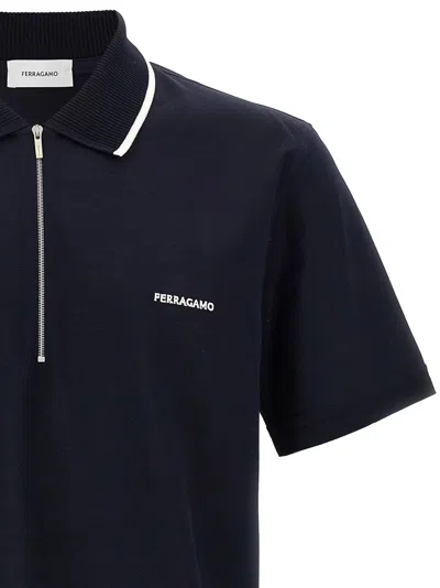 Ferragamo Logo Embroidery Shirt Polo Blue In Black