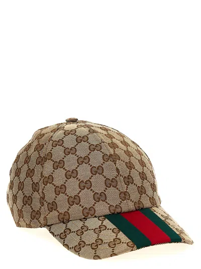 Gucci Men Beige And Ebony Baseball Cap With Web Detail In Gg Supreme Canvas Man In Green