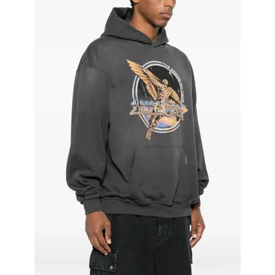 Represent Black Hoodie With Graphic Print On Front And Back And Faded Effect In Cotton Man In Gray