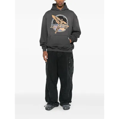 Represent Black Hoodie With Graphic Print On Front And Back And Faded Effect In Cotton Man In Gray