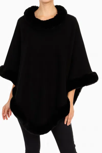 Truedames Classic Black Poncho With Faux Fur Trim In Black