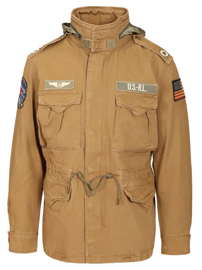 Polo Ralph Lauren Cotton Jacket With Drawstring Waist And Pockets In Gold