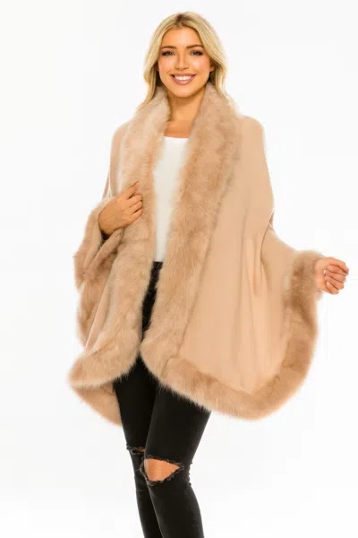 Truedames Camel Faux Fur Trim Open-front Cape Wrap In Brown