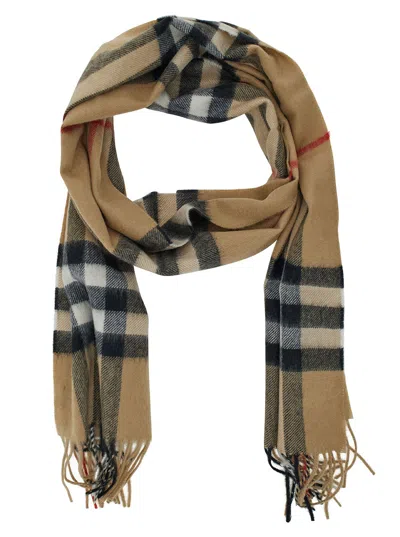 Burberry Women Beige Scarf With Check Print In Cashmere Woman In Brown