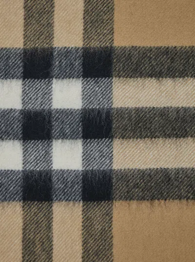 Burberry Women Beige Scarf With Check Print In Cashmere Woman In Brown
