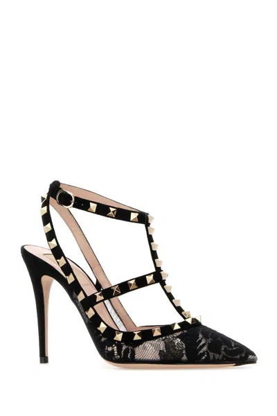 Valentino Rockstud 100 Lace And Suede Pumps In Black