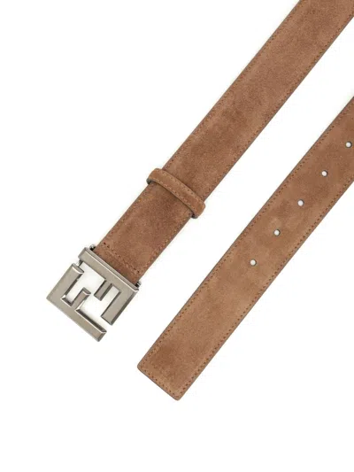 Fendi Men Brown Belt With Ff Buckle Closure In Suede Man In Multi
