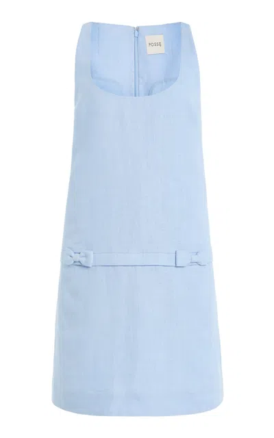 Posse Harper Bow-detailed Linen Mini Dress In Blue