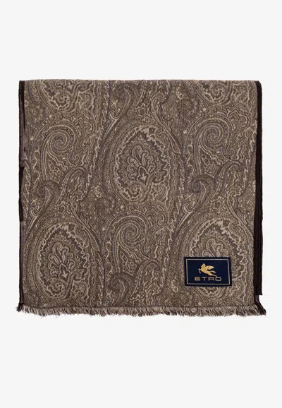Etro Paisley Jacquard Frayed Scarf In Brown