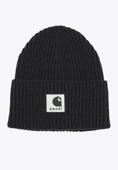 Sacai Carhartt Wip Wool Blend Knit Beanie Hat In Black