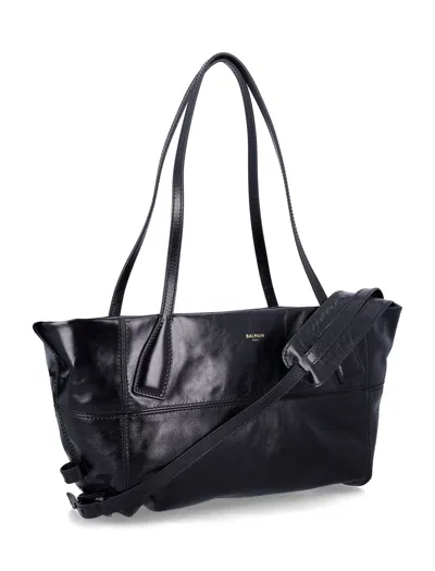 Balmain Black Leather Shopper Bag With Shoulder Strap In Black