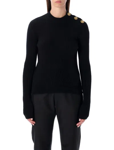 Balmain Black Ribbed Wool Sweater With Gold Buttons In Black
