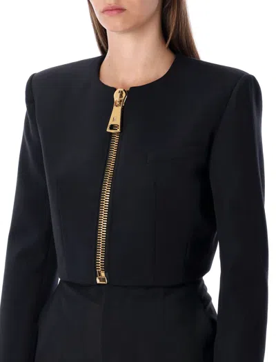 Balmain Cropped Zipped Jacket Featuring Structured Shoulders In Black