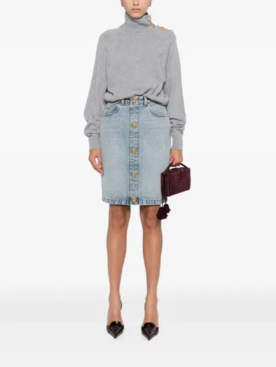 Balmain Grey High-neck Wool Sweater With Gold Buttons In Gray