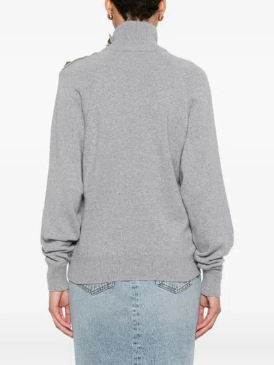Balmain Grey High-neck Wool Sweater With Gold Buttons In Gray