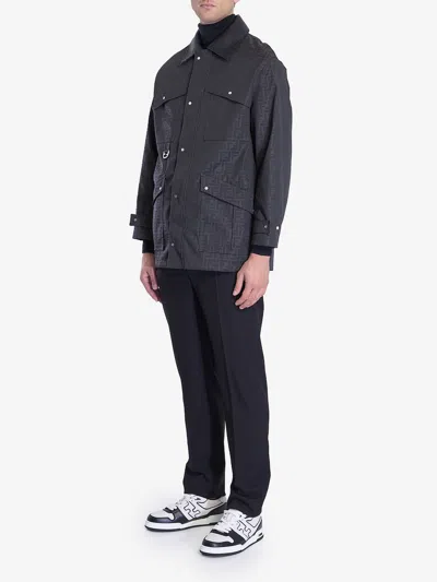 Fendi Ff-pattern Leather-trimmed Jacket In Black