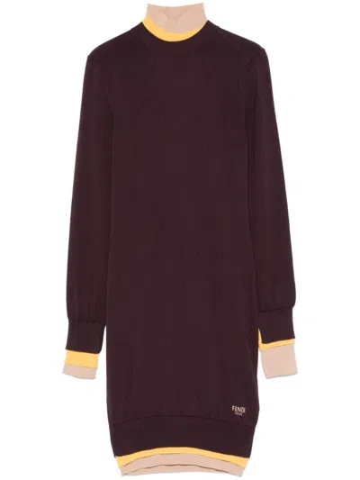Fendi Mini Wool Dress With Contrasting Details In Burgundy
