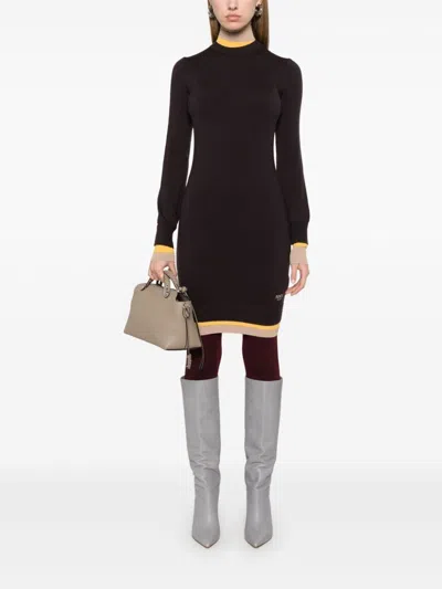 Fendi Mini Wool Dress With Contrasting Details In Burgundy