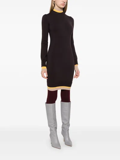 Fendi Mini Wool Dress With Contrasting Details In Burgundy