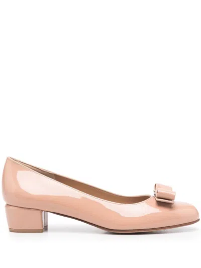 Ferragamo Round Toe Low Block Heel Patent Pumps In Neutral