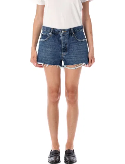 Frame Looped Five-pocket Frayed Hem Short In Blue