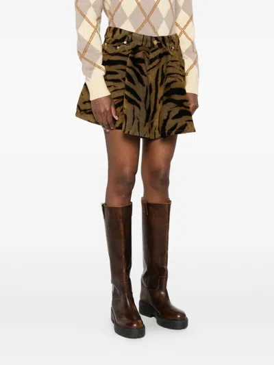 Ganni Printed Flock Denim Mini Skirt Khaki In Brown