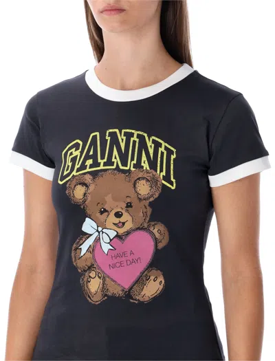Ganni Black Crewneck T-shirt With Maxi Logo On The Front In Cotton Jersey Woman In Black