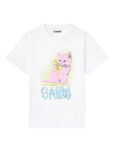 Ganni Neon Kitty Bright White T-shirt In White