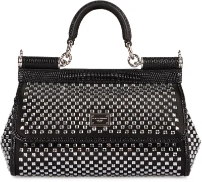 Dolce & Gabbana Small Sicily Rhinestone-embellished Shoulder Bag In Black