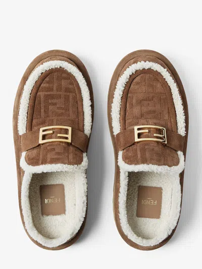 Fendi Women Beige Mules With Logo Lettering On The Rear And Ff Buckle In Suede Woman In Brown