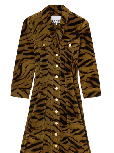 Ganni Animal Print Dress Chest Pockets In Brown